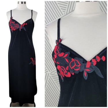 Vintage Velvet Slip Dress Medium Long Alt Romantic Red Floral Witch Alt Stretch 