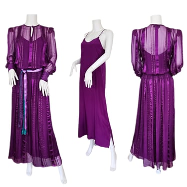 1980's Purple Silk Chiffon Long Peasant Maxi Dress I Sz Med I The Silk Farm 