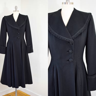Vintage 1940s Wool Princess Coat | XS-S | 40s Black Wool Long Fitted Coat 