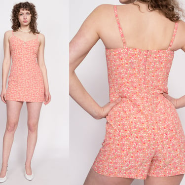 90s Peach Pink Calico Floral Romper - Extra Small | Vintage Express Spaghetti Strap Mini Dress Playsuit 