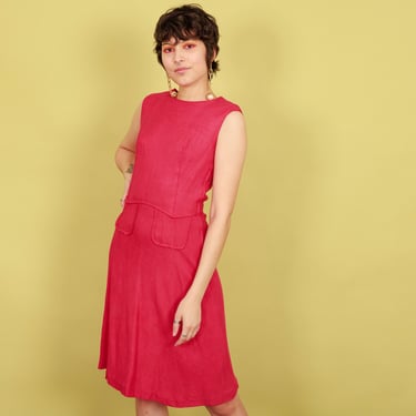 40s Dark Fuchsia Pink Fitted Dress Vintage Knit Flared Sleeveless Dress 
