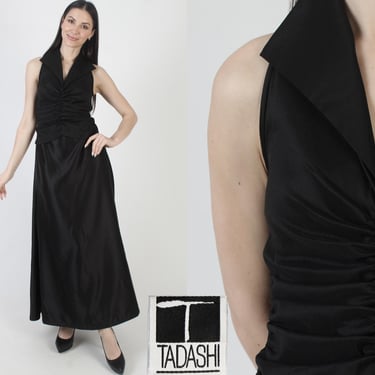 Tadashi Designer Dress, Black Evening Gown, Vintage Dagger Collar, Formal Tuxedo Maxi, Size 6 