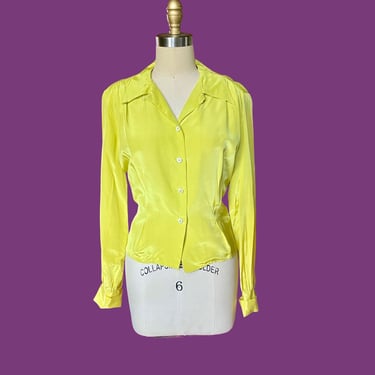 Vintage 1940s Bright Chartreuse Limoncello Rayon Blouse Glamour French Cuff 