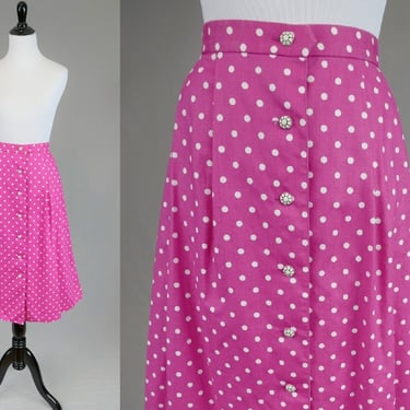 80s Pleated Polka Dot Skirt - Pink w/ White Polkadots - Cotton - Long Slits - Button Front - Robbie Sport Petite - Vintage 1980s - M 