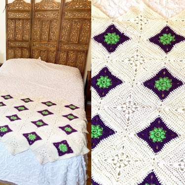Vintage 70's Purple And Green Granny Square Afghan Blanket Sofa Throw 