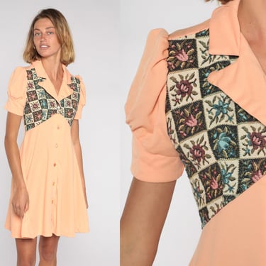 70s Mini Dress Peach Babydoll 60s Bohemian Patchwork Mod Empire Waist 1970s Puff Sleeve Collar Vintage Boho Floral Button Up Small Medium 