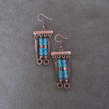 Blue frosted glass and copper chandelier earrings 