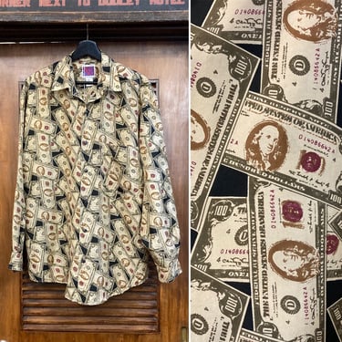 Vintage 1980’s 100 Dollar Bills Print Silk Shirt, 80’s Silk Shirt, 80’s Disco Shirt, 80’s Money Print, 80’s Button Down, Vintage Clothing 