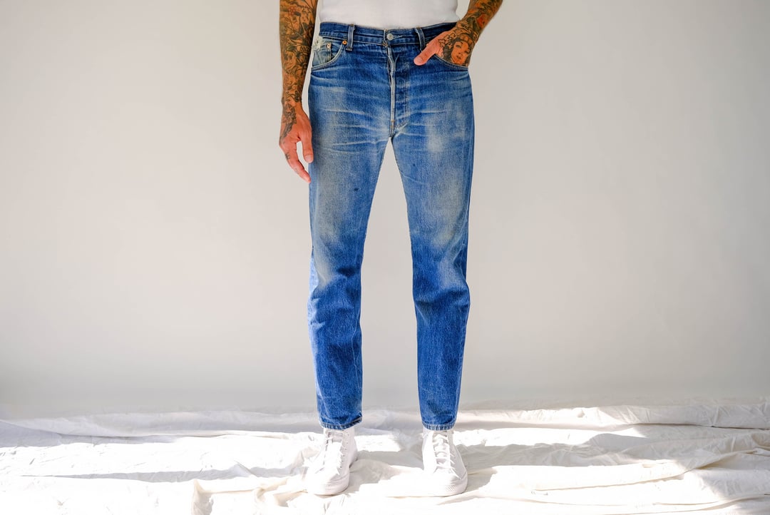 Vintage 90s LEVIS 501 Distressed Whiskered Medium Wash Button Fly Denim |  The Vault 1969 | San Diego, CA