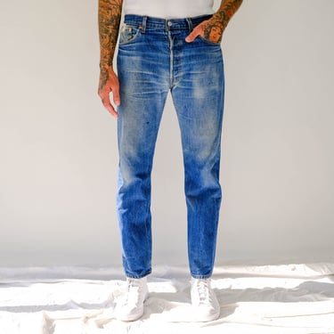 Vintage 90s LEVIS 501 Distressed Whiskered Medium Wash Button Fly Denim Jeans | Made in USA | Size 34x31 | 1990s LEVIS Unisex Indigo Pants 