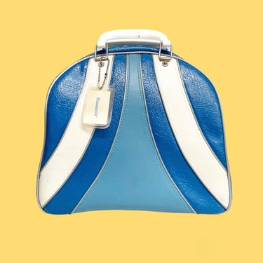 Vintage Bowling Bag Retro 1980s Brunswick + Wind Jammer + Blue and White + Bag with Metal Rack + Athletic + Unisex Bag 