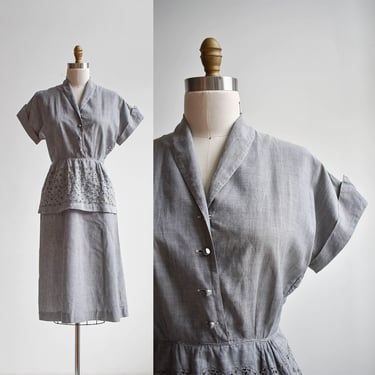 1940s Gray Cotton Shirt Dress with Eyelet Lace Peplum 