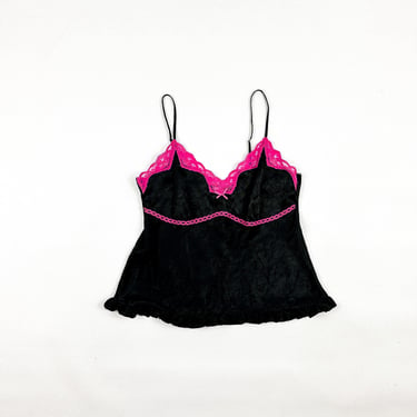 y2k Candies Black with Hot Pink Lace Trim Spaghetti Strap Camisole / Ribbon Trim / Bows / Ruffle Hem / Lingerie / Slip / Grunge / L / Bratz 