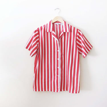 Vintage Red White Wide Stripe Button Up S M - 1980s Short Sleeve Collared Cotton Blend Top 