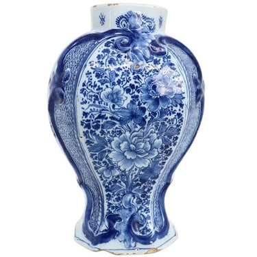 1770's Antique Early Delft Pottery Blue and White Floral Baluster Garniture Vase Urn 