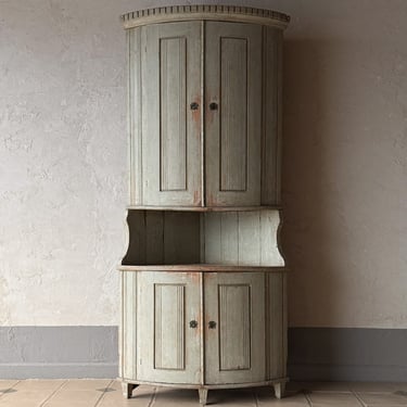 Tall 19th C. Gustavian Painted Green Corner Cabinet