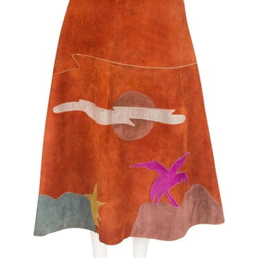 Emmanuelle Khanh 1970s Vintage Scenic Appliqué Brown Suede A-Line Midi Skirt Sz XS 