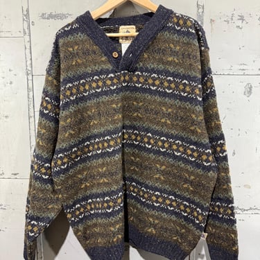 Vintage Thick Chunky sweater Henley Knit Pullover Multicolor Geometric striped 