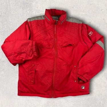 Vintage 80s Unisex Retro Fila Red Italian Goose Down Ski Puffer Bomber Vest Coat Jacket Sz L 