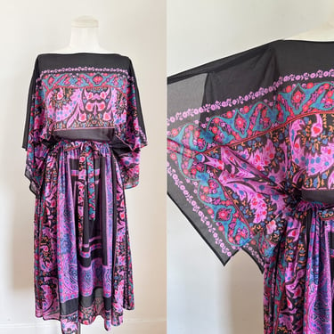 Vintage 1970s Black & Purple Sheer Kimono Sleeve Dress / fits many 