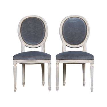 Antique French Louis XVI Style Painted Side Chairs W/ Blue Velvet - A Pair 