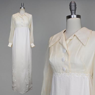 1960s Wedding Gown / William Cahill Wedding Dress / Floral Applique Gown / Wedding Dress w/ Collar / Size Small 