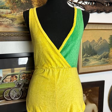 Vintage 70s 80s Yellow & Green Terry Cloth Romper 
