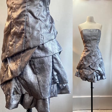 Vintage 80s SILVER LAME PROM Dress / Strapless / Avant Garde / Jessica McClintock 