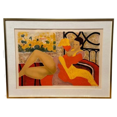 Colourful &quot;Nude in Bed&quot; Lithograph by Alain Bonnefoit