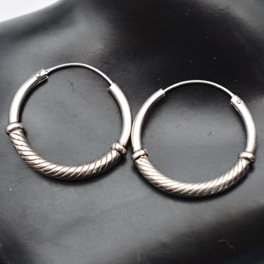 80's round sterling half cable hippie hoops, classic smooth & textured 925 silver boho earrings 