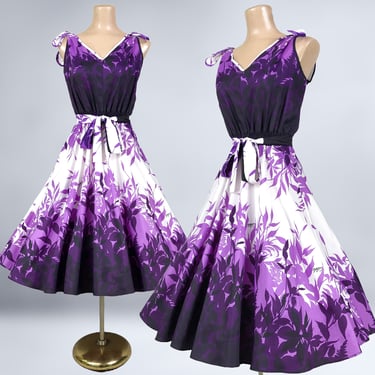 VINTAGE 70s Purple Full Sweep Sun Dress By Royal Creations Hawaii Sz M | 1970s does 1950s Aloha Signature Print Pin-up Hawaiian Dress | VFG 