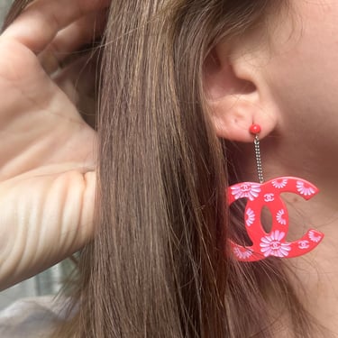 Chanel Red/Purple Jumbo Logo Earrings