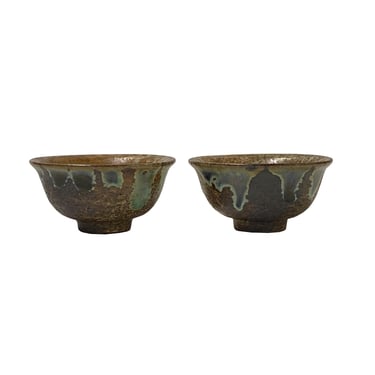 Pair Chinese Ceramic Bronze Brown Turquoise Glaze Cup Display Art ws4678S 