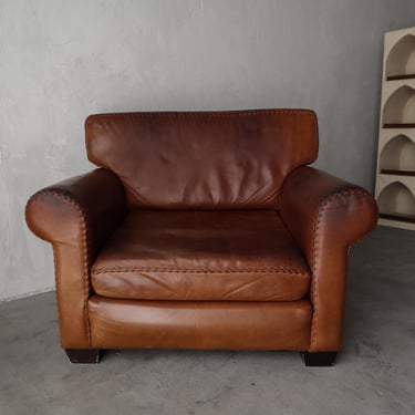 Vintage Patinated Leather Baseball Stich Lounge Chair and Ottoman 