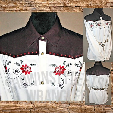 Wrangler Vintage Retro Women's Cowgirl Shirt, Rodeo Queen, Ivory with Red & Green Embroidered Flowers, Size Medium (see meas. photo) 