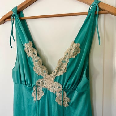 1970s teal nylon and lace maxi slip dress 