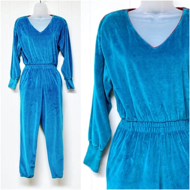 Vintage 1980s Turquoise Velour Jumpsuit, 80s Liz Claiborne One-Piece Athleisure Suit, Petite Medium Track Suit 