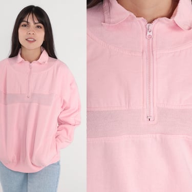 Baby Pink Sweatshirt 80s Quarter Zip Sweatshirt Retro Collared Pullover Sweater Streetwear Pastel Basic Plain Casual Vintage 1980s Small S 