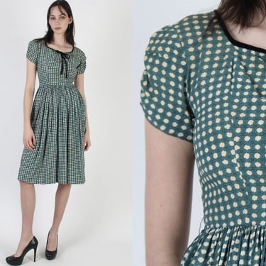 1950s White Polka Dot Dress / Green Spotted Full Skirt Dress / Vintage 50s Pin Up Womens Rayon Mini 