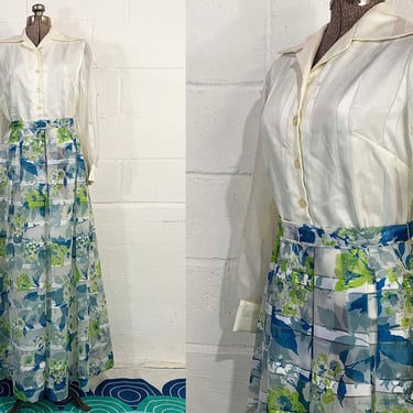 Vintage Floral Maxi Dress Avalon Classics Long Bishop Sleeves Maxi Blue Green White Ivory Hostess Gown 1960s 60s Dopamine Medium 