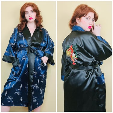 1980s Vintage Rose Brand Reversible Kimono Robe / 80s Blue Kimono Sleeve Brocade Dragon Embroidered Bathrobe / Size Large 