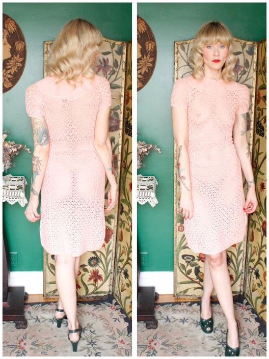 1930s Dress // Crochet Pink Deco Dress // vintage 30s dress 