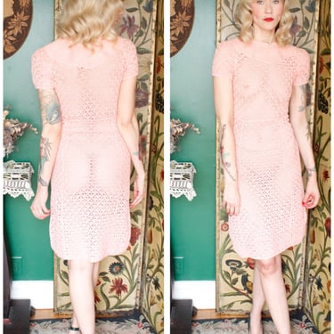 1930s Dress // Crochet Pink Deco Dress // vintage 30s dress 