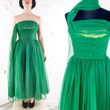 1950s Emerald Green Evening Dress | 50s Green Strapless Gown | Lorrie Deb | X Small 