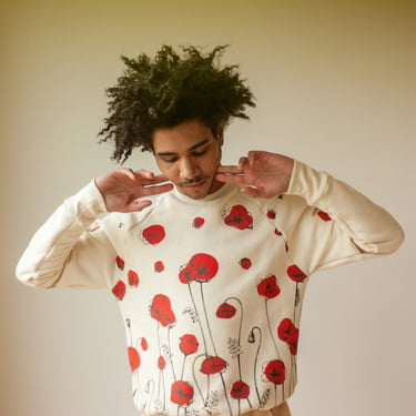 Organic Pullover Poppy Sweatshirt, Screenprinted Unisex Sweater, Raglan Sweatshirt, Crewneck, Red Orange Floral Print, Organic Terry Sweater 