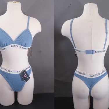 1990s NWTs Ralph Lauren Bra & Panty Set Branded Waistband Denim Small 