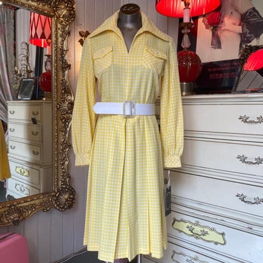 1960s yellow and white gingham dress mod scooter pleated long sleeve dagger m 28 