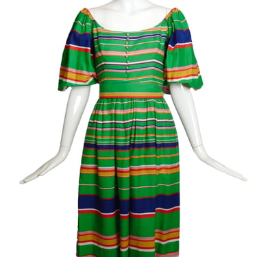 VICTOR COSTA-1980s Green Cotton Stripe Dress, Size-4