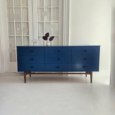 Mid century modern dresser credenza, #Sold  vintage mcm dresser,  sideboard, long dresser,  dark blue, colorful furniture,dresser NJ nyc 