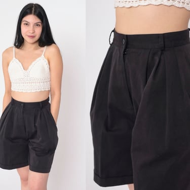 Black Pleated Shorts 90s Trouser Shorts High Waisted Rise Cuffed Preppy Retro Minimalist Simple Bottoms Plain Mom Vintage 1990s Small S 26 